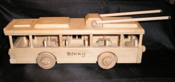 trolleybuses - toys from wood with burned name on body as gift