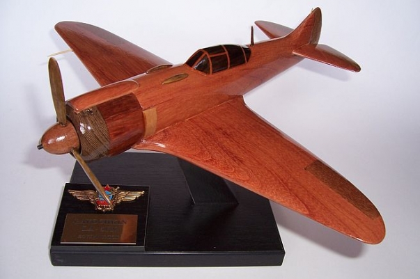 Airplane model Lavochkin La-5 from wood.  Soviet fighter aircrafts WW II.